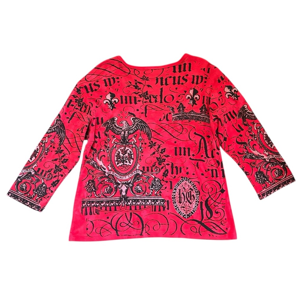 SALE VTG Glima Red Crest Graphic Top 3/4 Sleeve VNeck 100% Cotton Made in USA XL - Picture 2 of 9